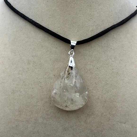 Jewelry - Dendritic Quartz Teardrop Pendant Necklace on Black Satin Tope
